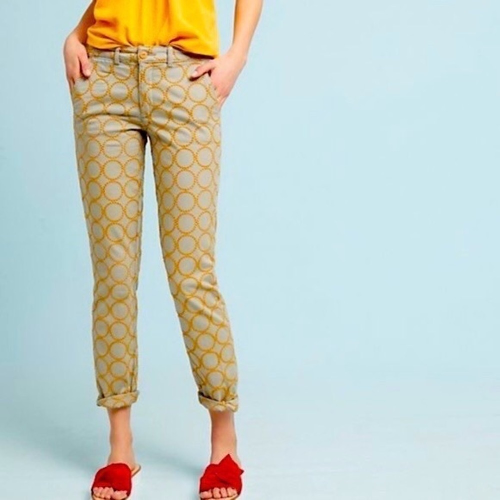 Anthropologie geometric Embroidered Tan/Yellow Chino Women Ankle Pants Size 26